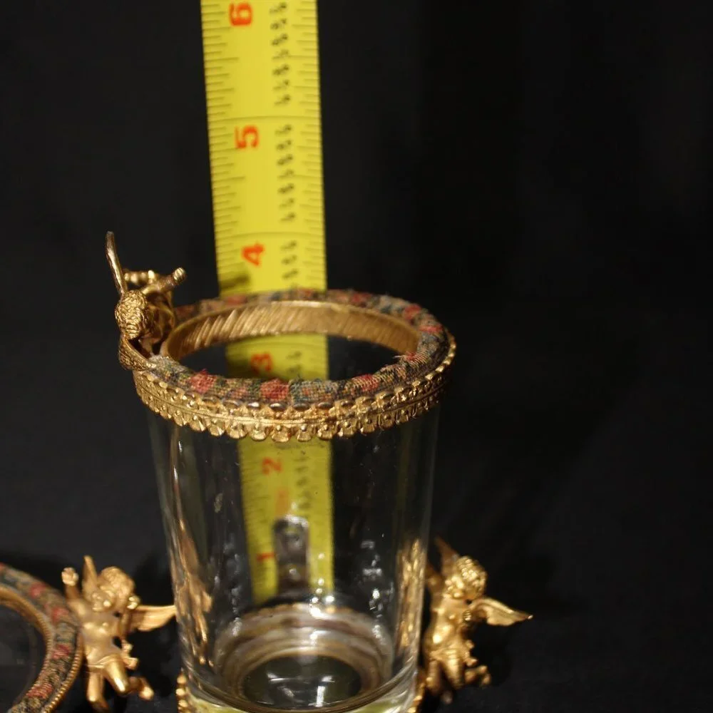 Vintage Golden Cherup Vanity Trinket Dish and Glass